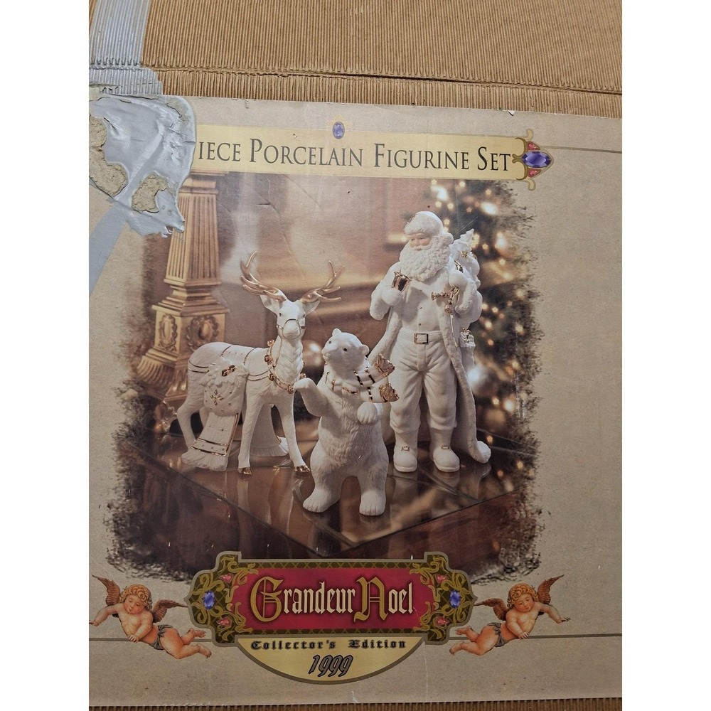 Grandeur Noel Porcelain Figurine Set White Gold Santa Reindeer Polar 1999 FLAWED
